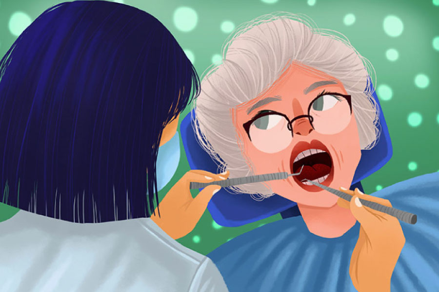 Cartoon of a white haired woman in the dental chair getting an exam.