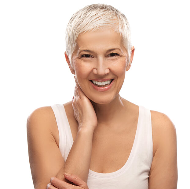 senior woman in white smiling