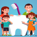 cartoon family of four hold a toothbrush and surround a white tooth