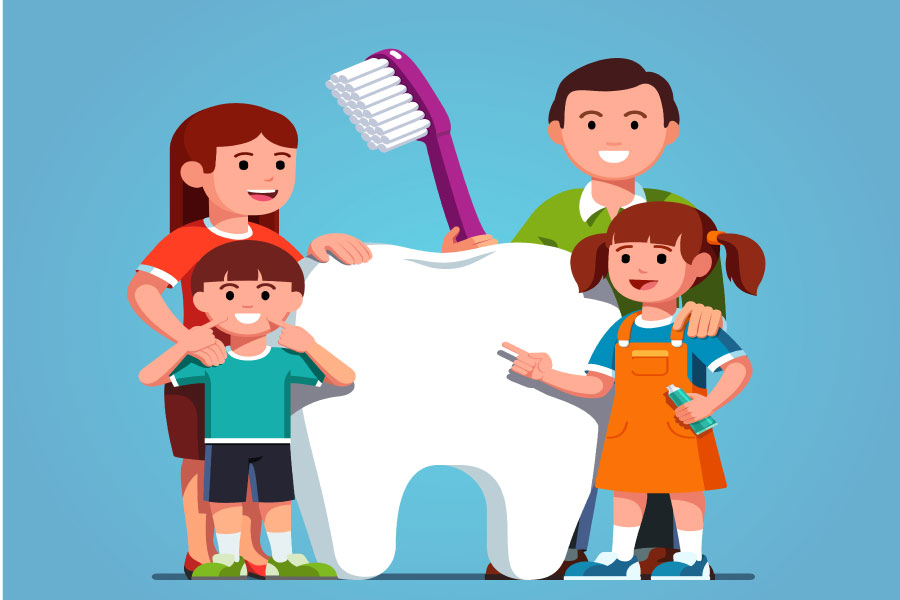 cartoon family of four hold a toothbrush and surround a white tooth